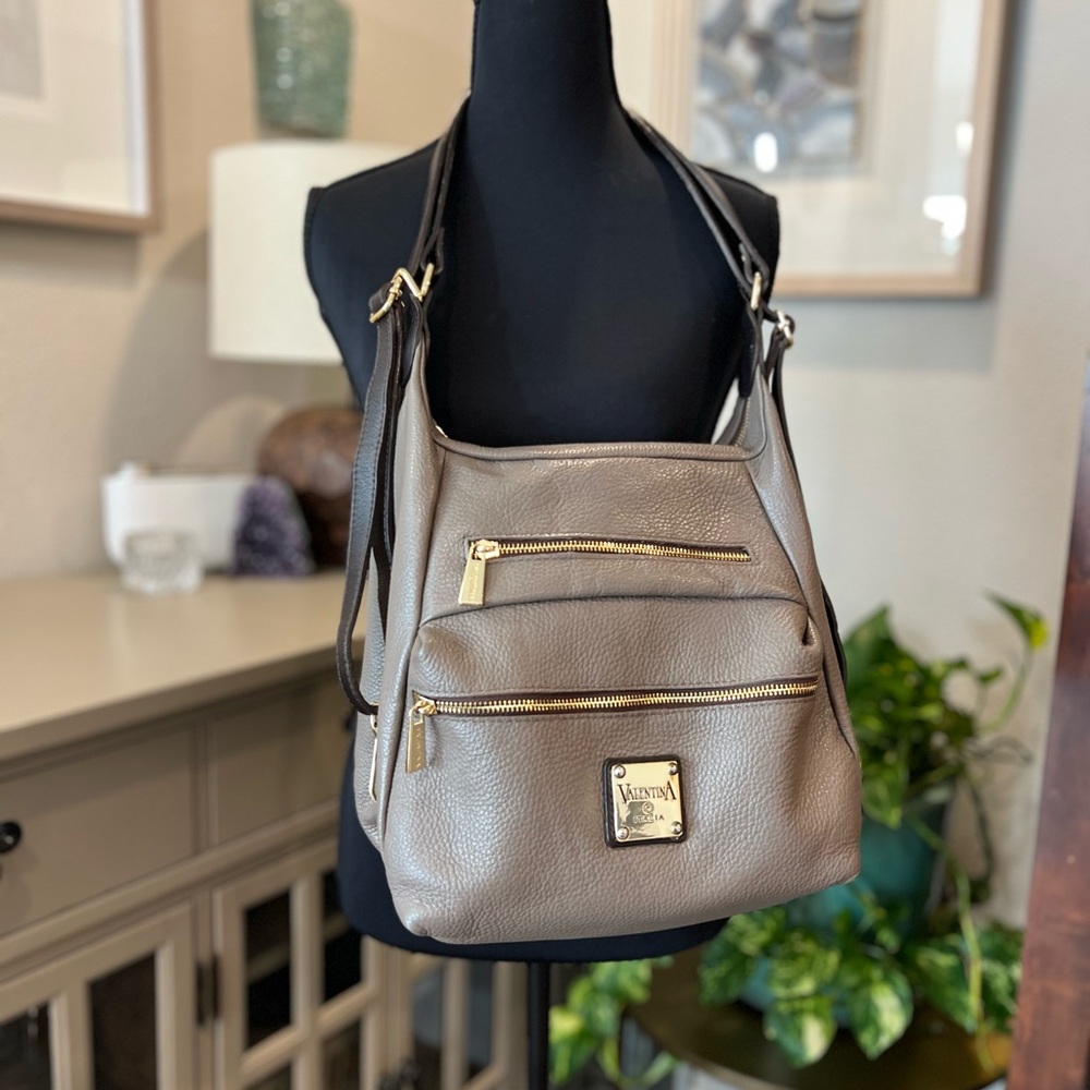 Valentina taupe leather backpack with gold hardware
